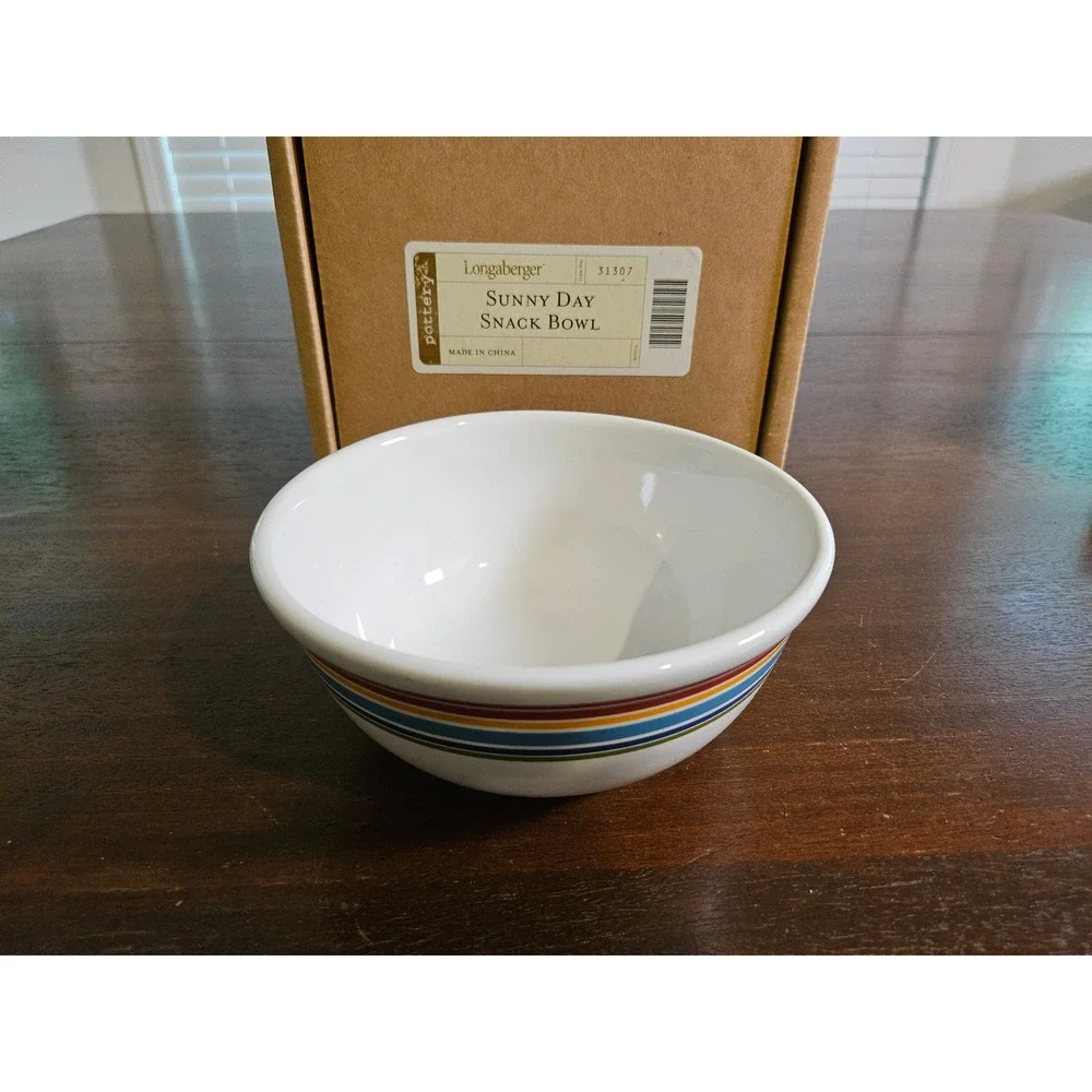 Longaberger Sunny Day Snack Bowl White Multi-Color Striped Pottery